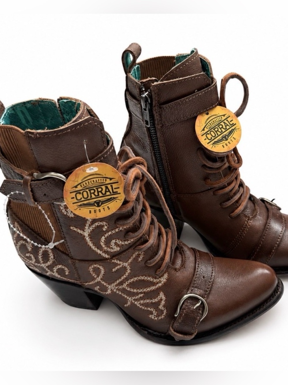 Corral Harness Lace-Up Leather Booties Brown Women’s Size 8.5 BNWT